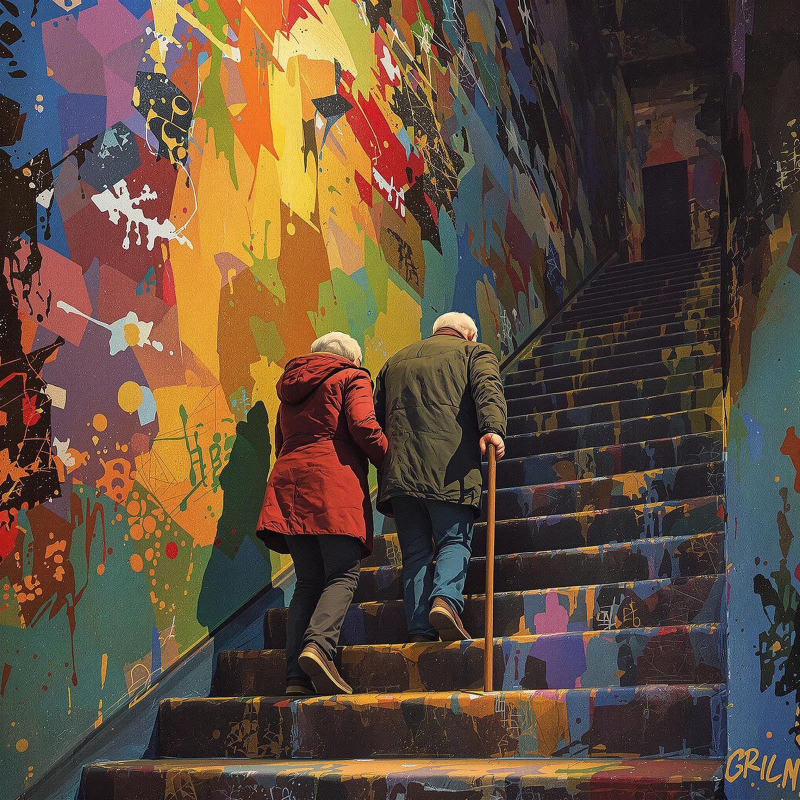 Elderly Couple Climb Steep Staircase in Mixed Media