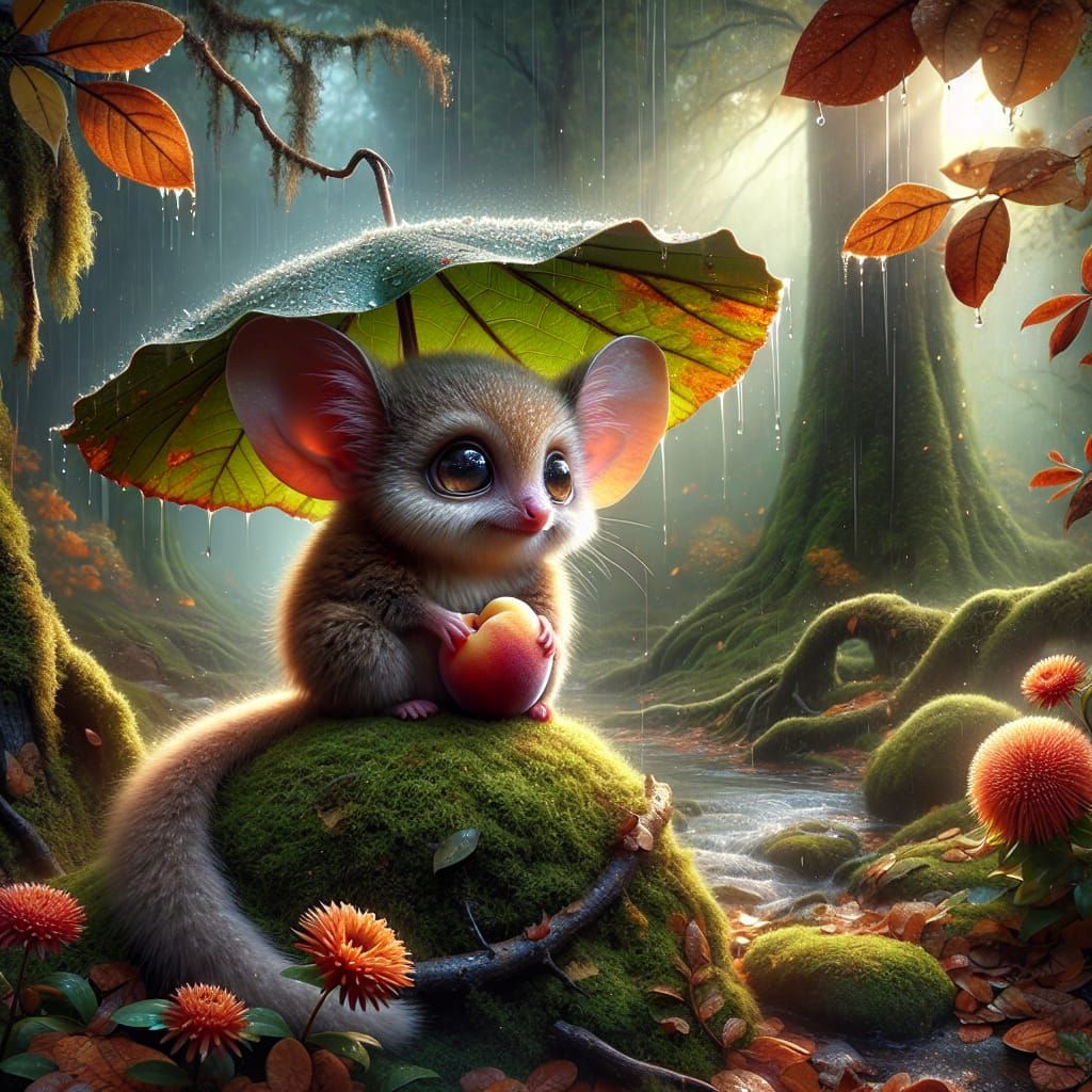 Bush Baby Shelters From Rain in Mystical Forest