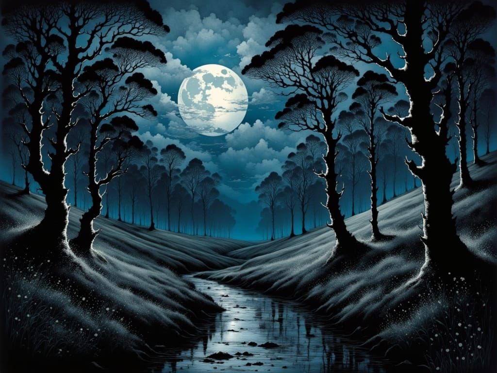 Surreal Nocturnal Landscape with Ornamental Clouds