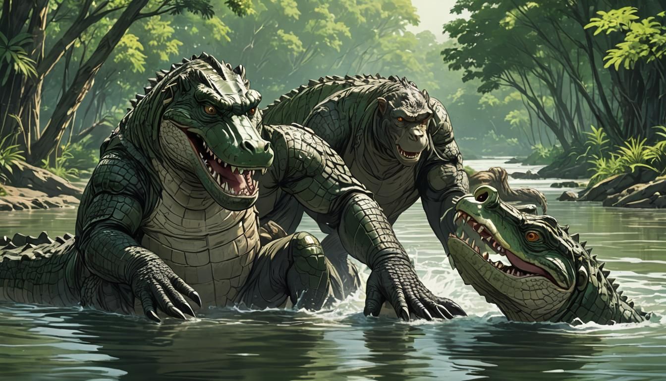 Crocodile and Monkey in River, Cel-Shaded Style