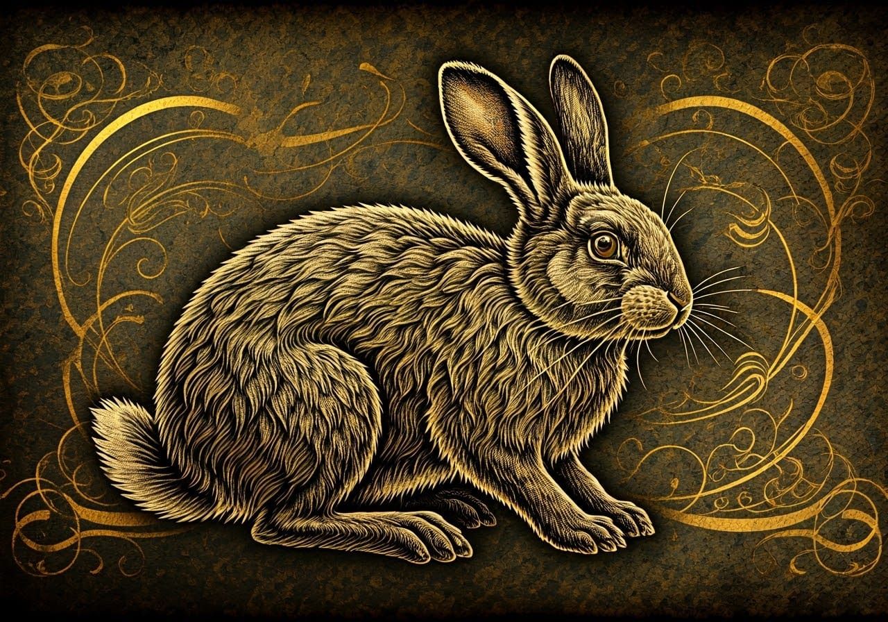 Gold Ink Rabbit on Parchment Illustration