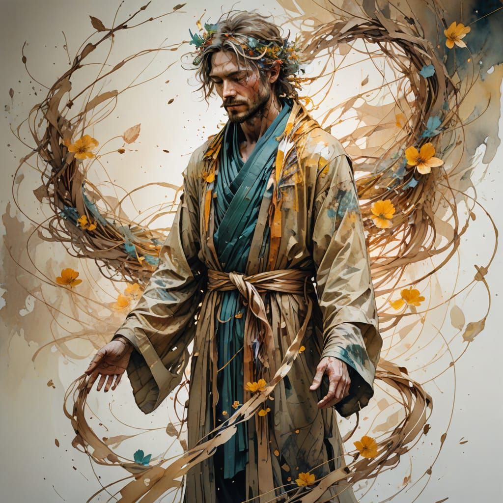 Wind Alchemist Portrait in Dreamy Watercolor Style