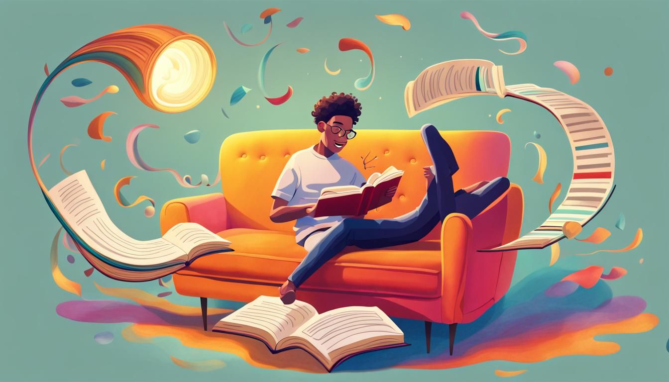 Humorous Floating Reader Illustration in 8K