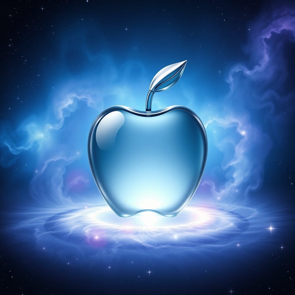 Sleek Glass Apple Glows on Swirling Nebula