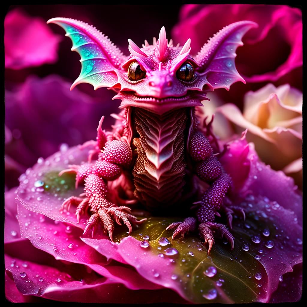 Ice Gremlin Dragon Asleep in Rose: Macro Photograph