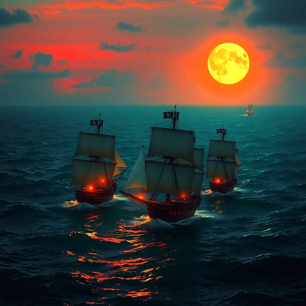 Pirate Ships on a Dark Caribbean Sea