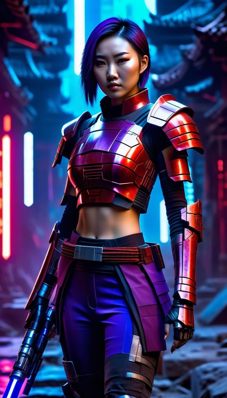 Futuristic Armour and Lightsaber in Cyberpunk Ruins
