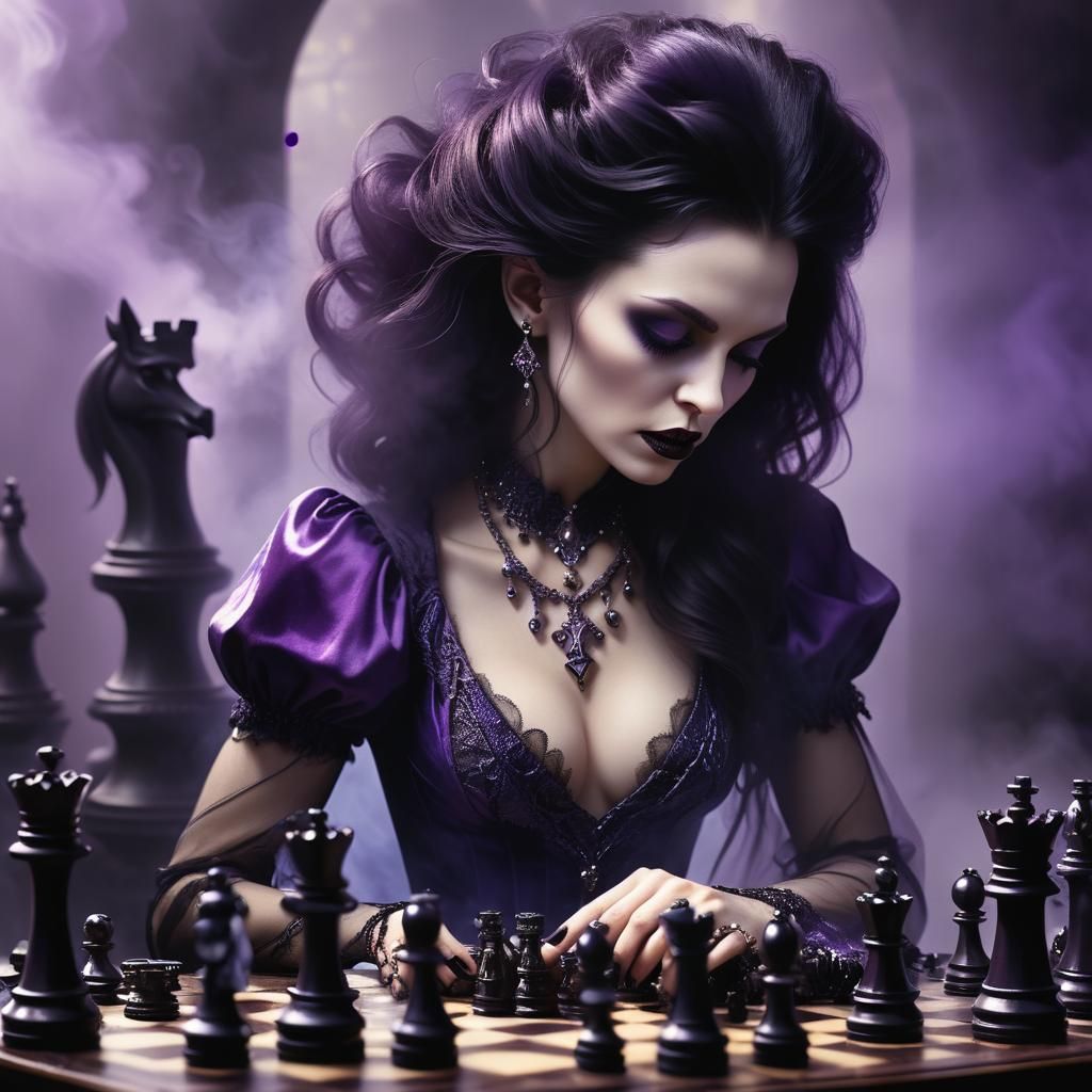 Vampiress Playing Chess in Purple Mist: Digital Portrait