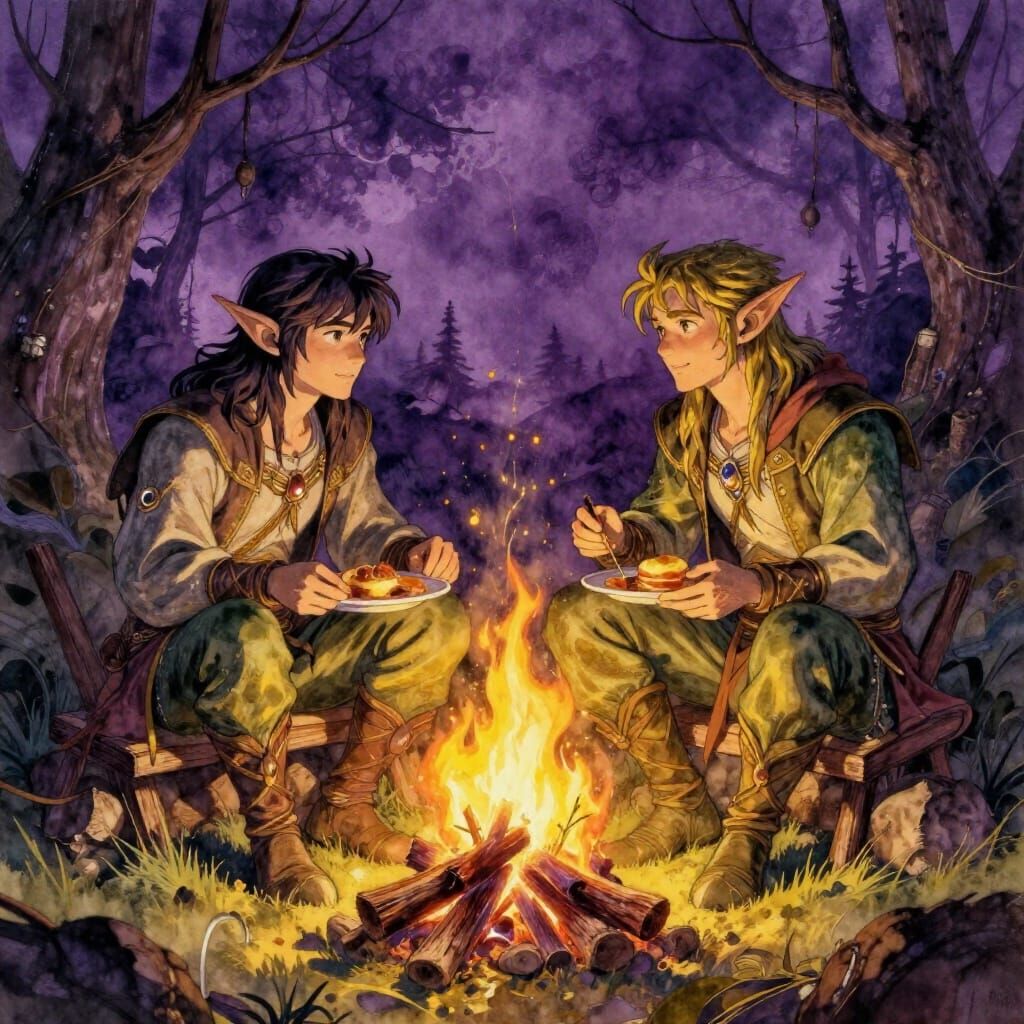 Elves Dining by Campfire in Watercolor Style