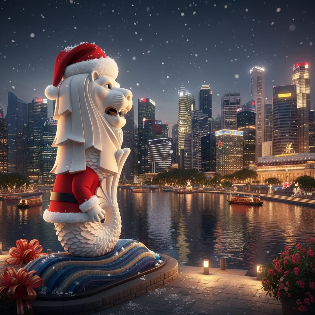 Singapore Merlion in Santa Clothes with Snowfall