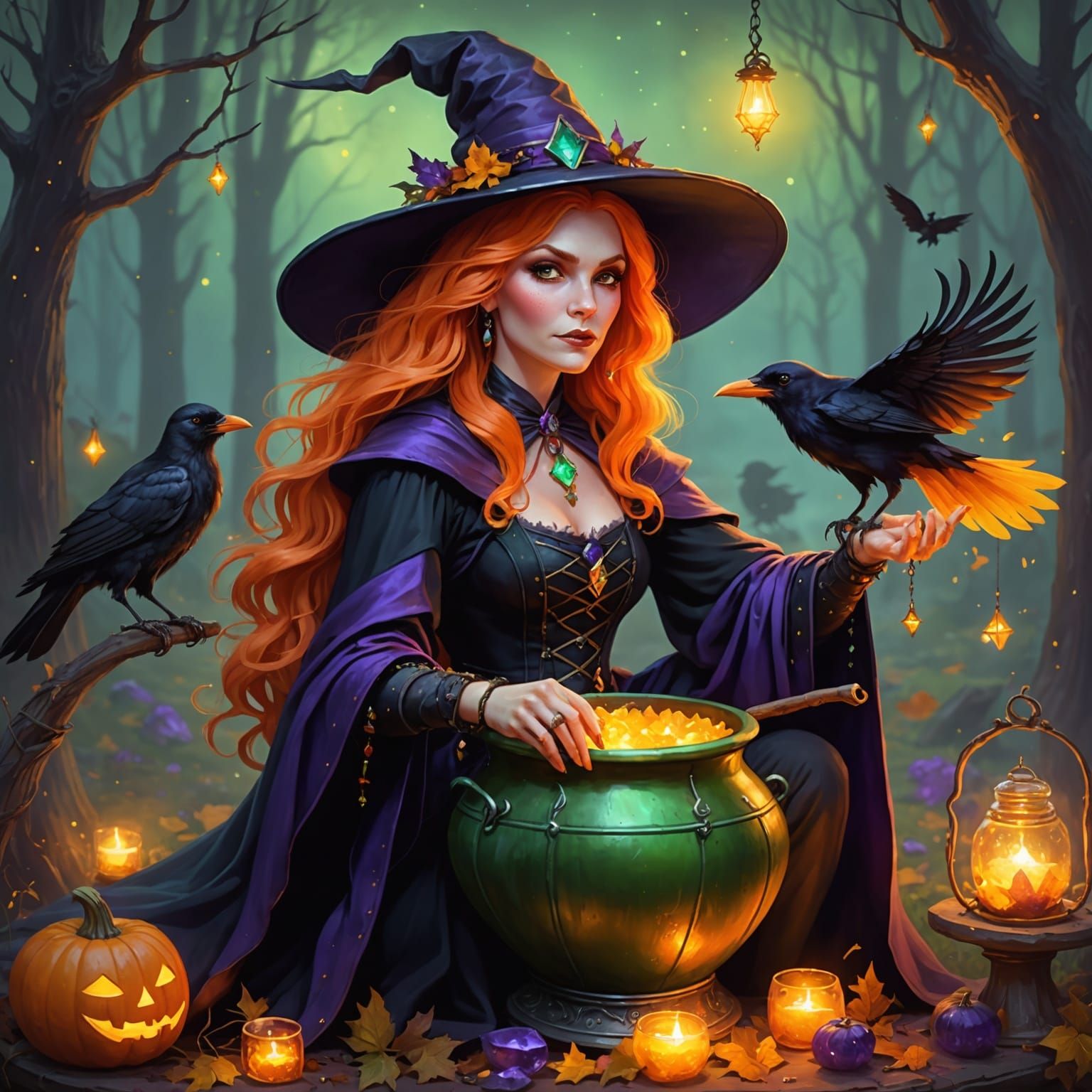 Vintage Witch with Cauldron and Crow