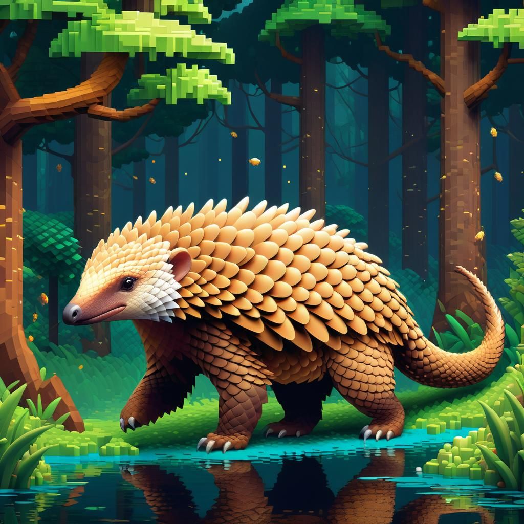 Surreal Pangolin in Cel-Shaded Pixel Art Style