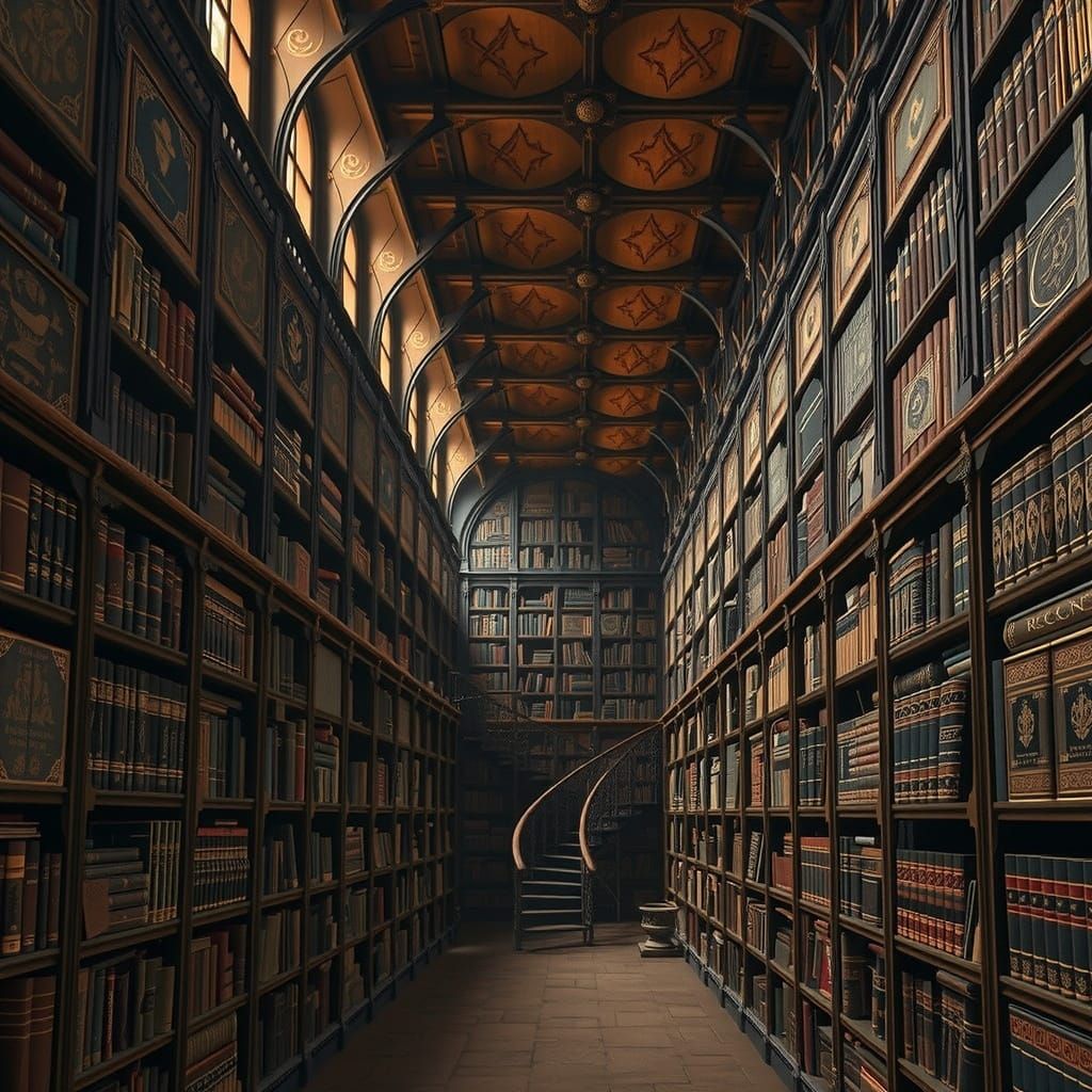 Majestic Study Hall with Towering Bookshelves and Mysterious...