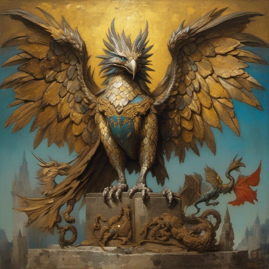 Gryphon and Dragon Oil Painting in Symbolic Style