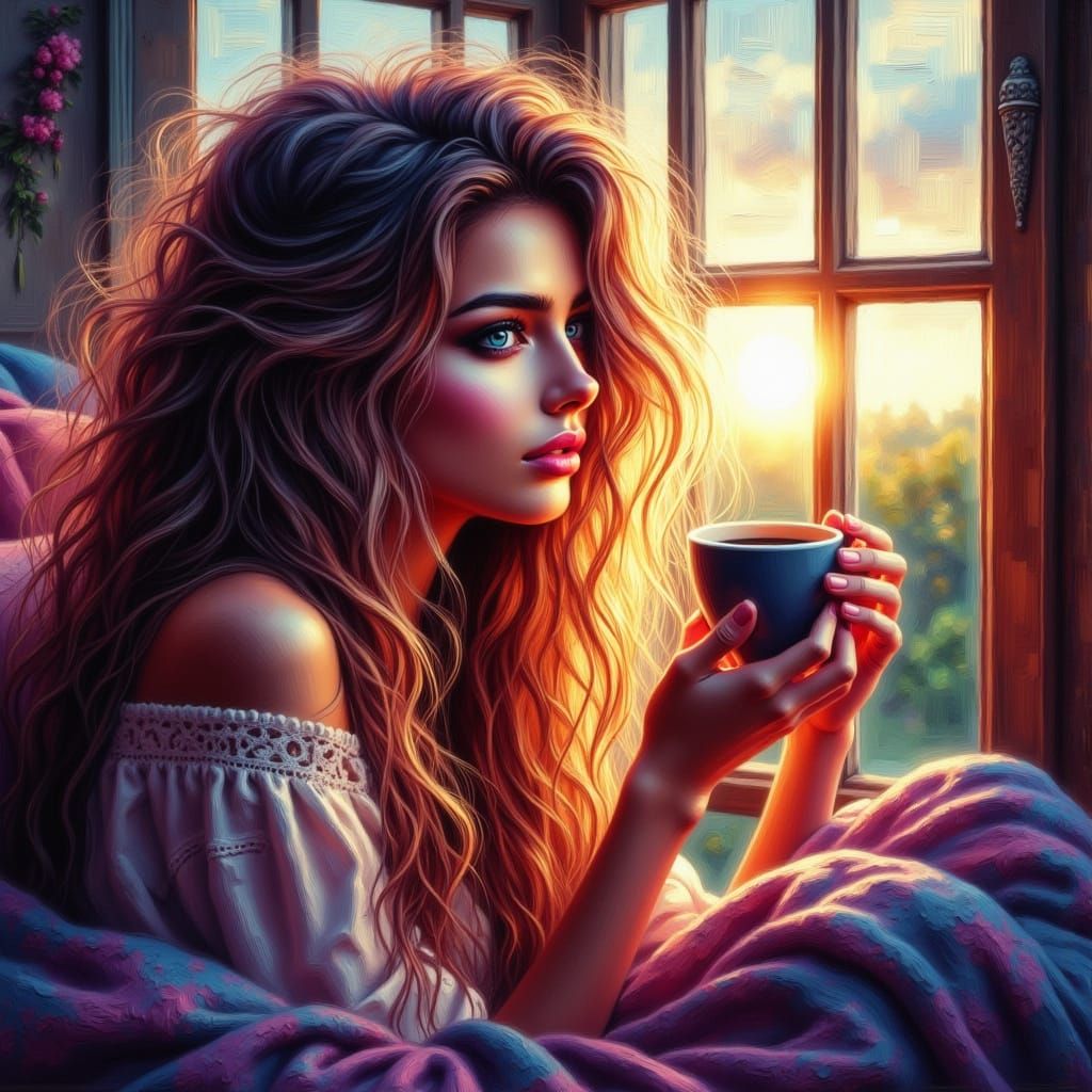 Woman Sipping Coffee at Sunrise in Hyperrealistic Style