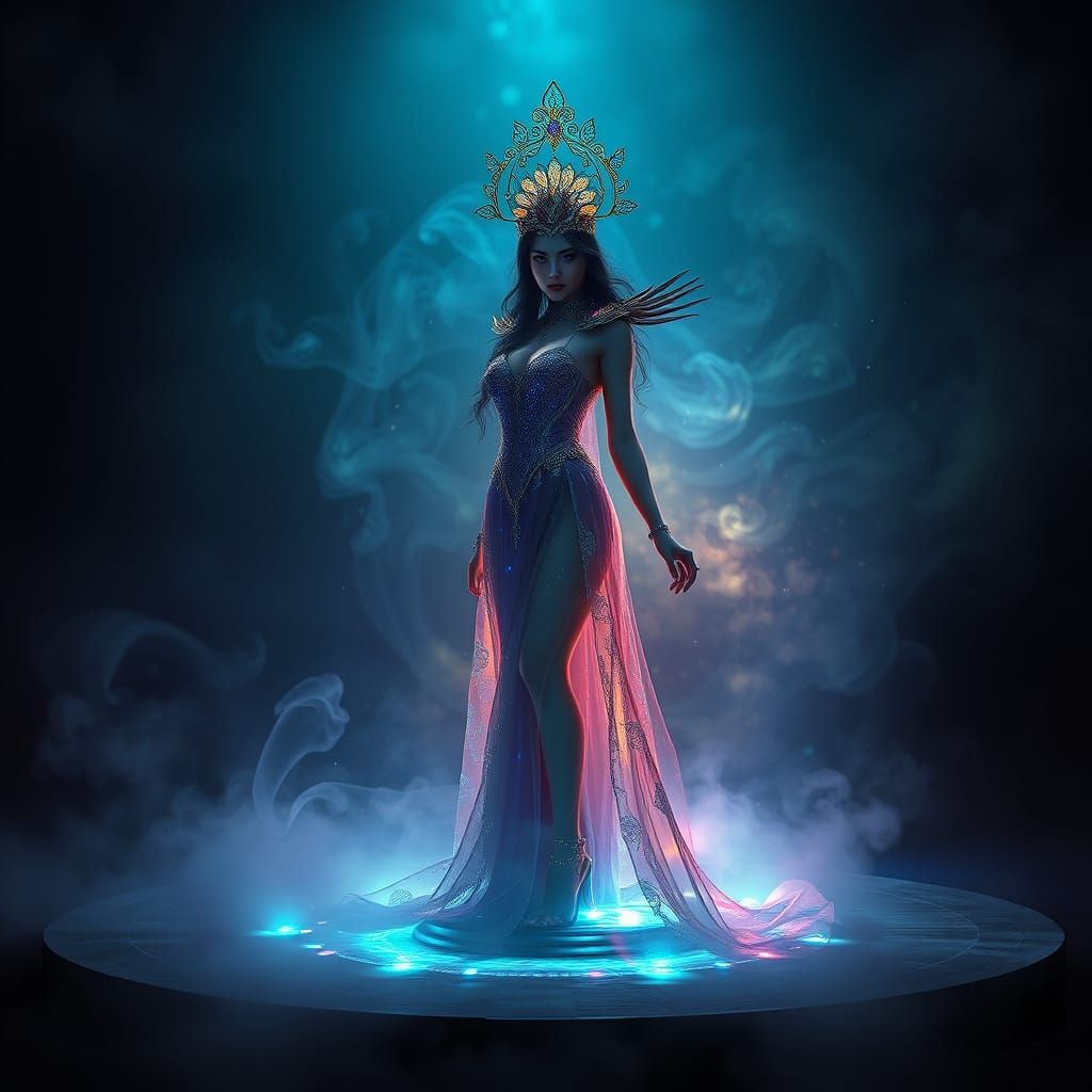 Ethereal Model on a Glowing Stage with Iridescent Prop