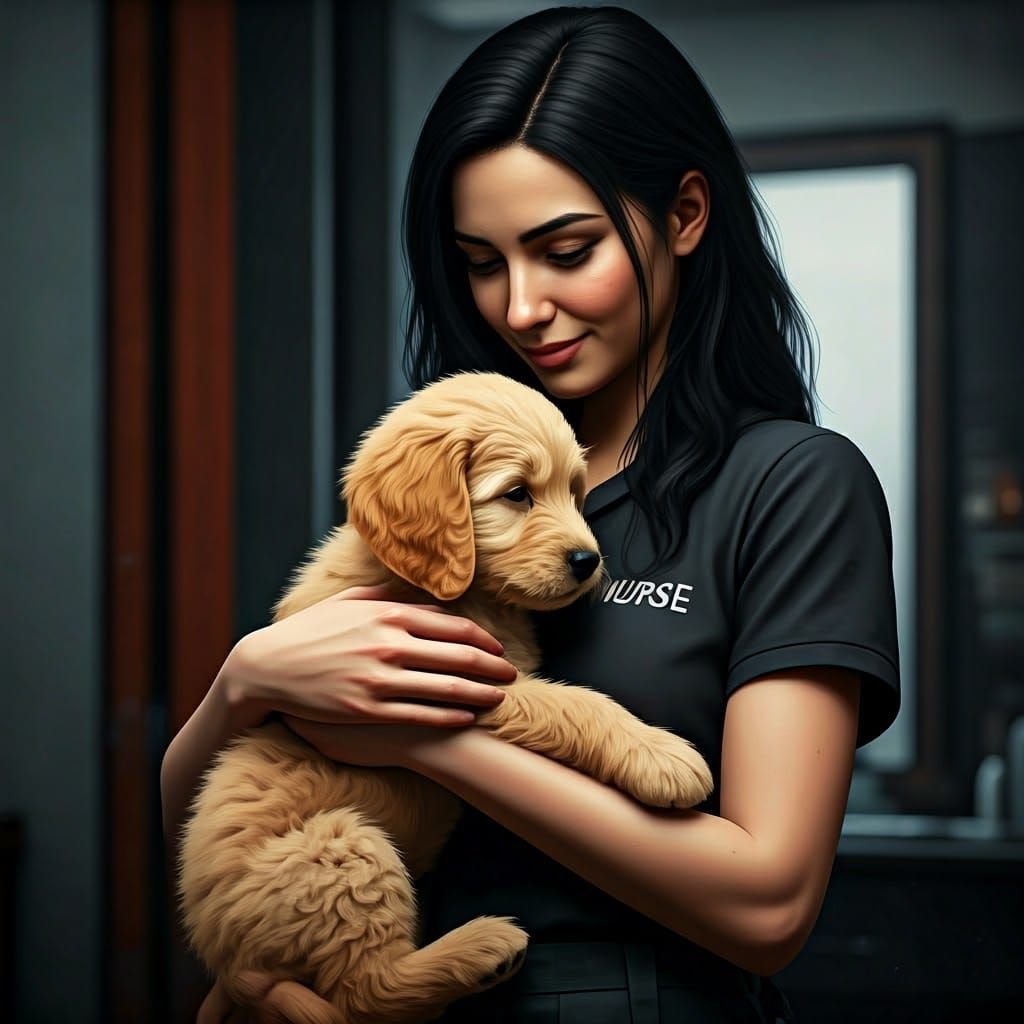 Golden Doodle Puppy Snuggled in Loving Arms of a Warm-Nature...