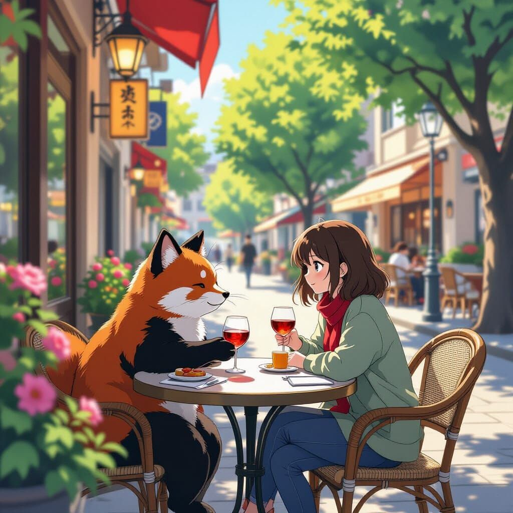 Red Panda Enjoys Plum Wine at Cafe, Anime Style