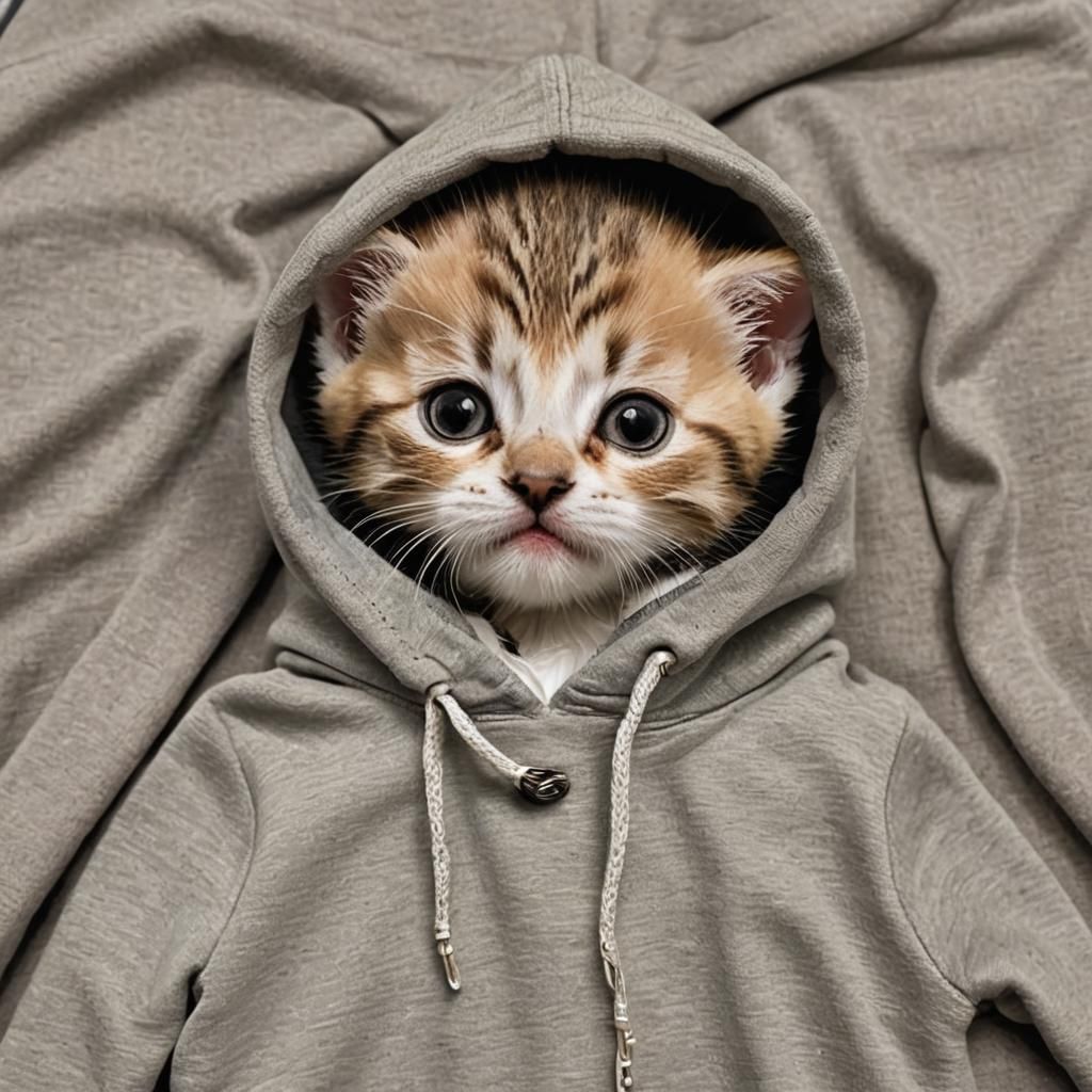 Tiny Kitten Peeks Out of Hoodie Neck