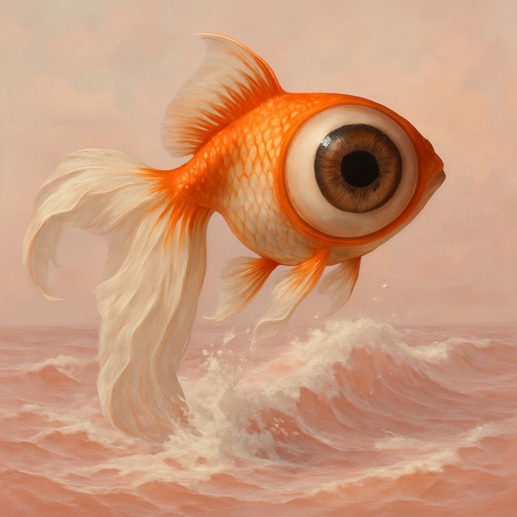 Surreal Goldfish with Human Eye Leaping from Sea