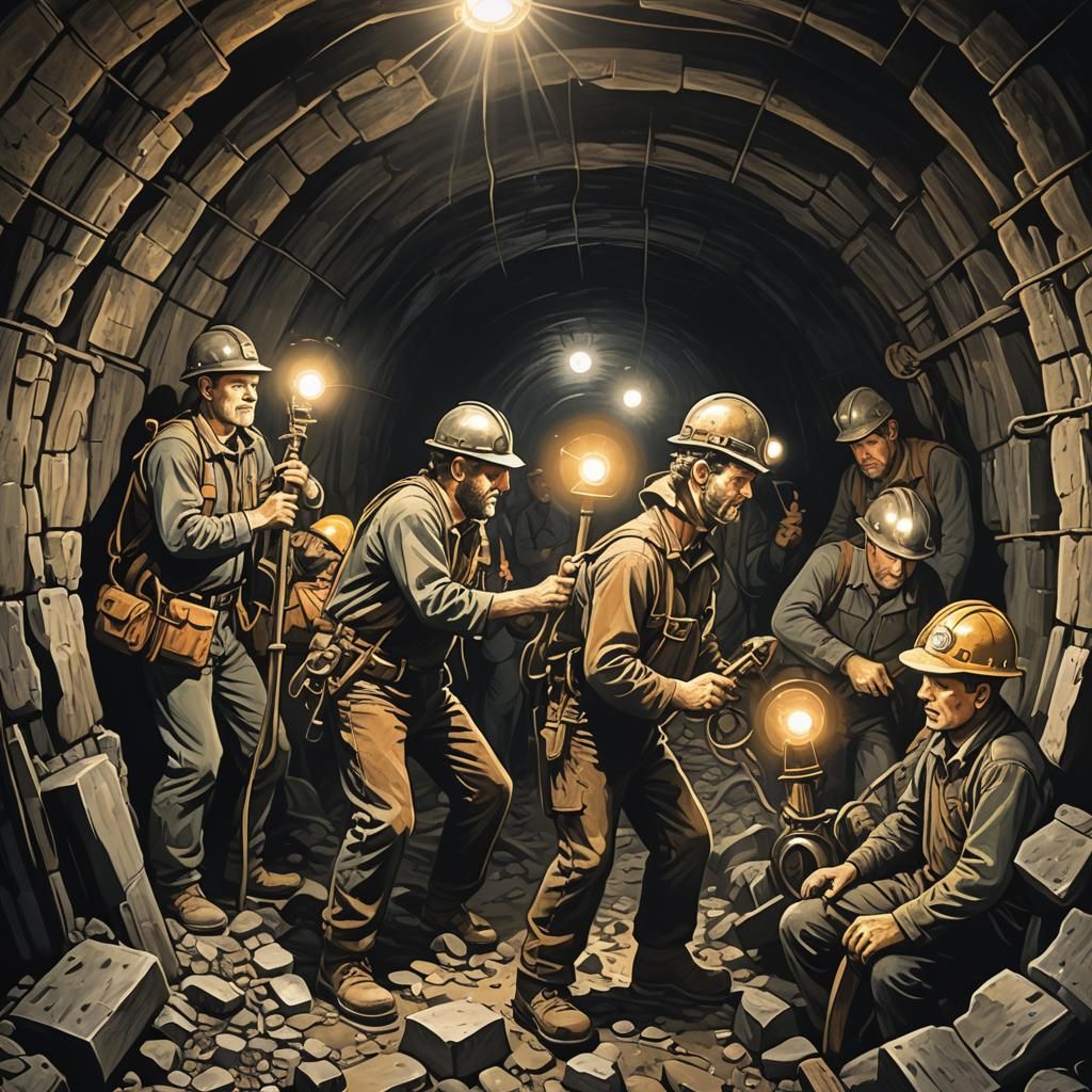 miners working in a coal mine in a tunnel, carbide lights, A...