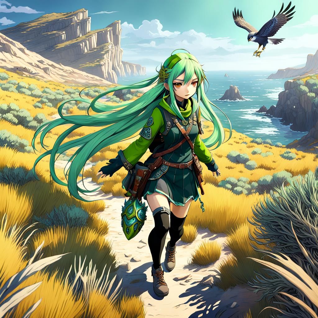 Anime Girl Hiking with Kestrel in Detailed Matte Painting