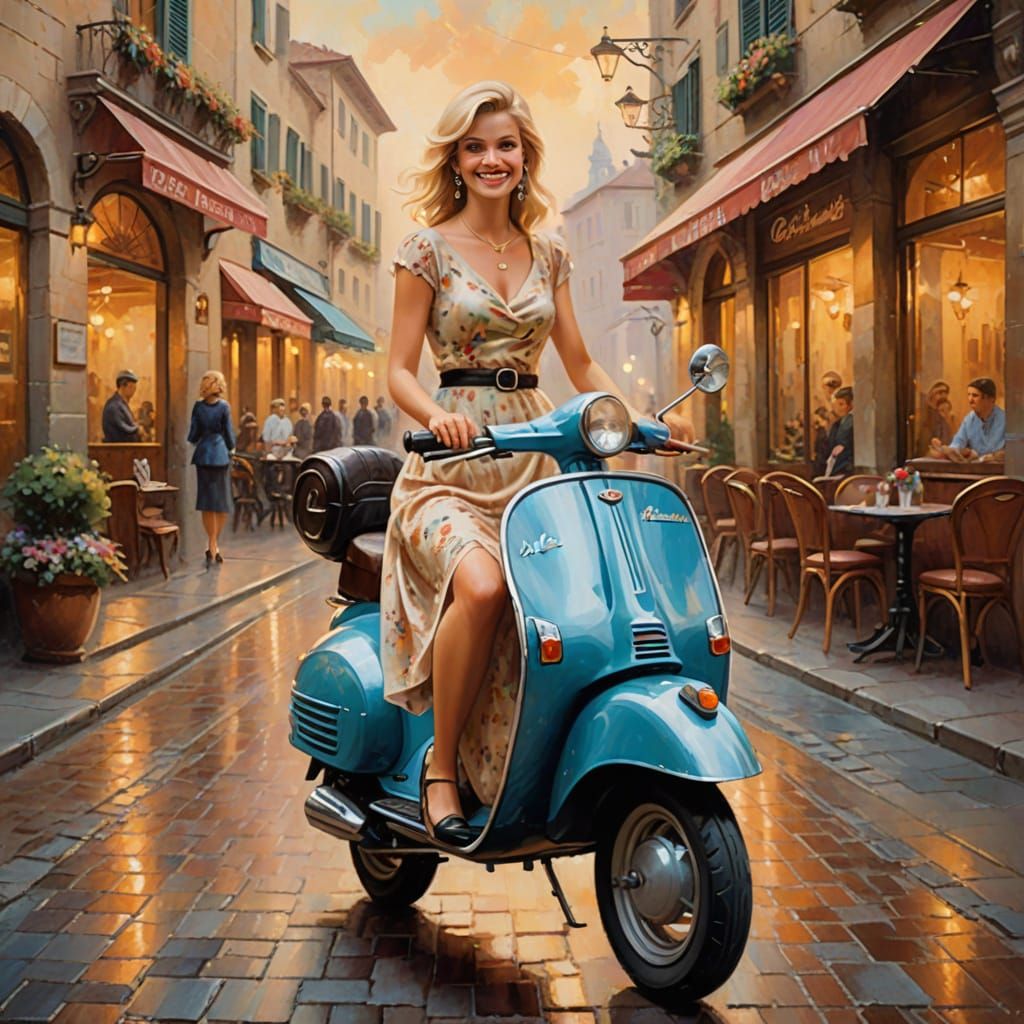 Italian Woman with Vespa, Vibrant Oil Painting
