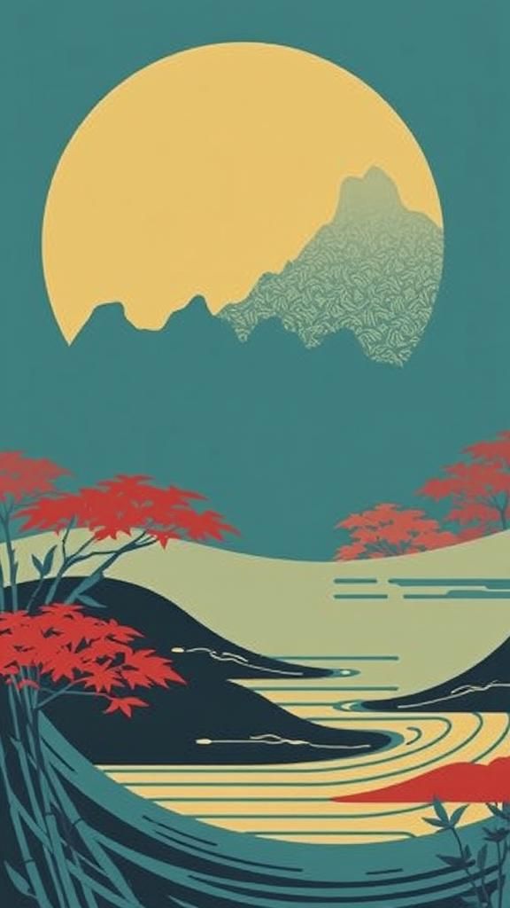 Bamboo Forest Poster in Japanese Woodcut Style