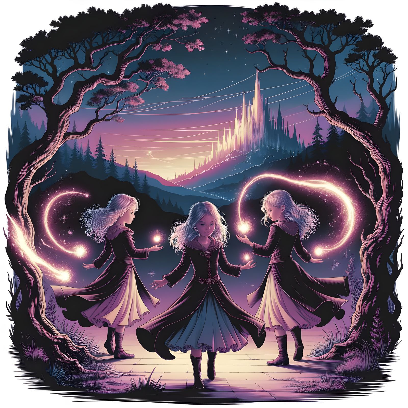 Three Sorceresses in Mystical Forest, Ink Drawing Style