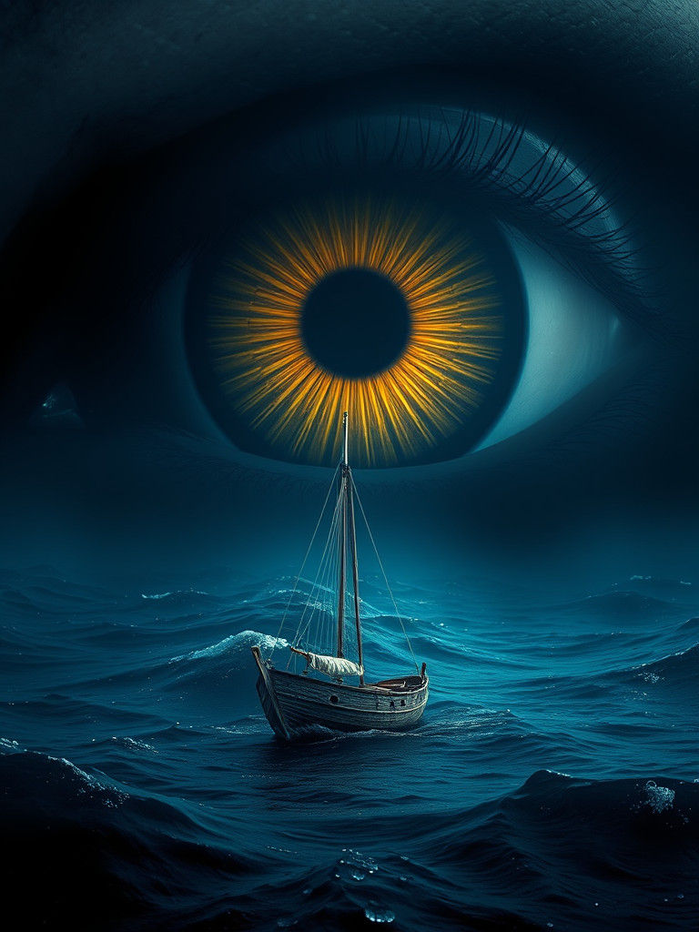 Giant Eye Watching Boat on Dark Sea