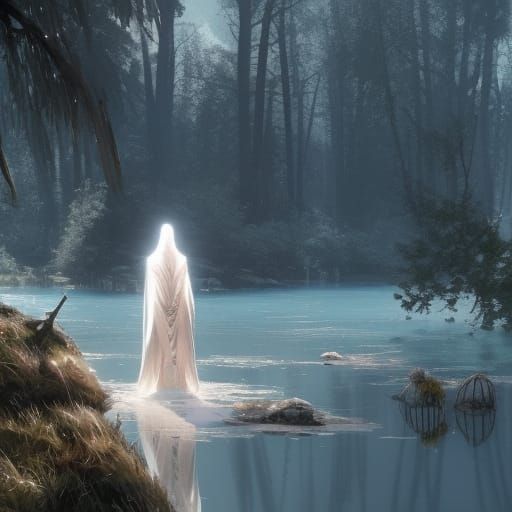 People in White Cloaks by Glittering Lake