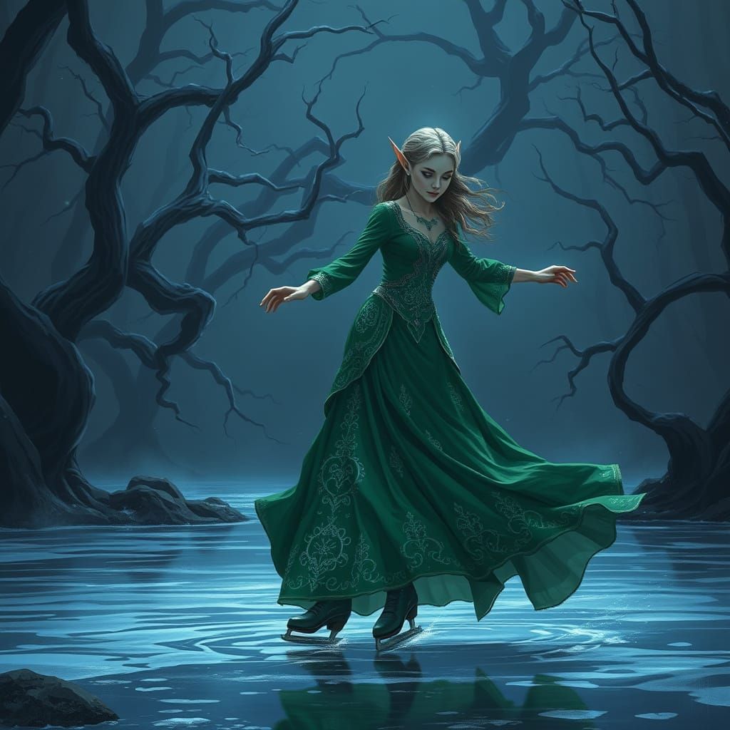 Enchanting Elf Ice Skater in Mystical Forest