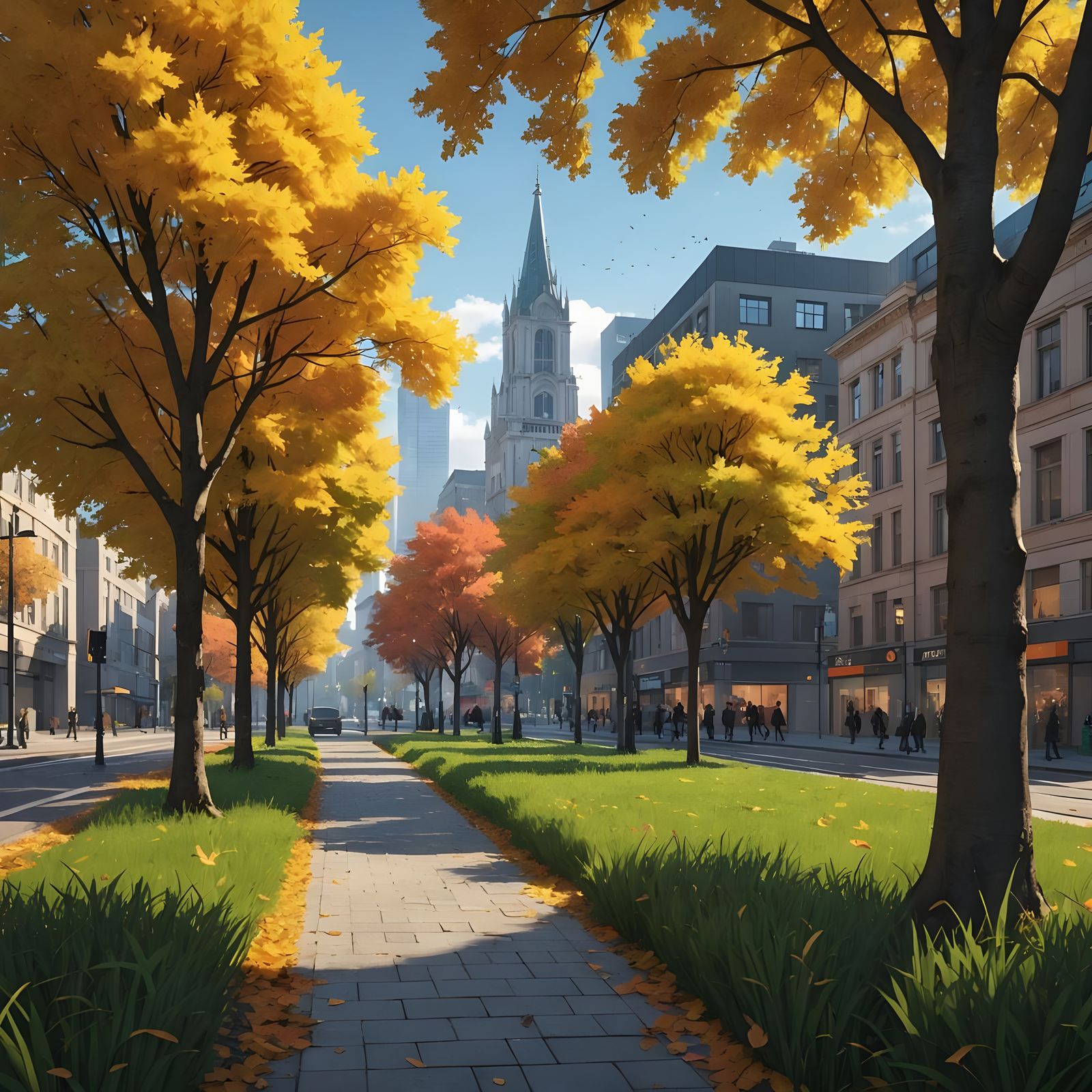 Autumn Cityscape: Anime-Style 3D Rendering