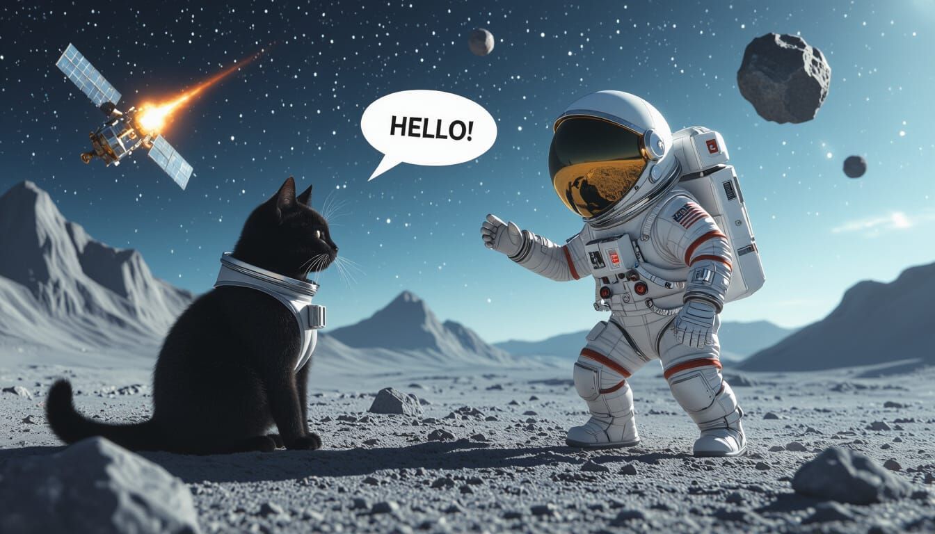 Astronaut Cat Greets a Meteor in Space
