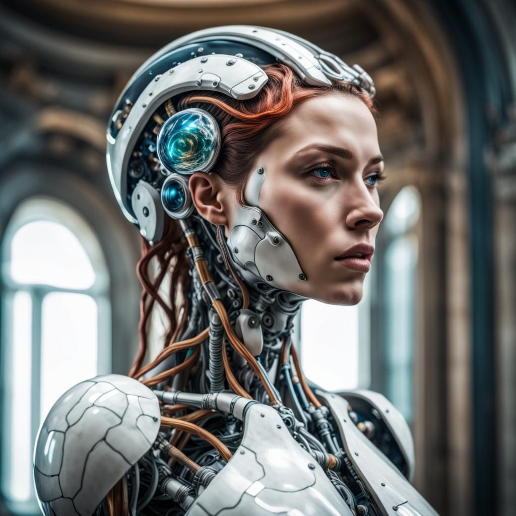 Hyperrealistic Cyborg Woman Marble Sculpture Portrait