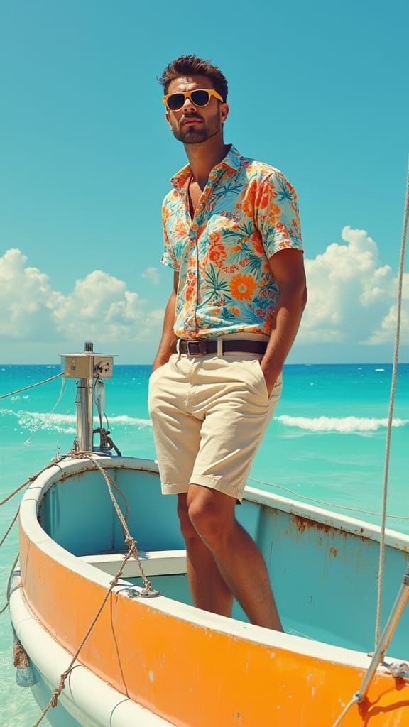 Man on Yacht in Modern Art Style