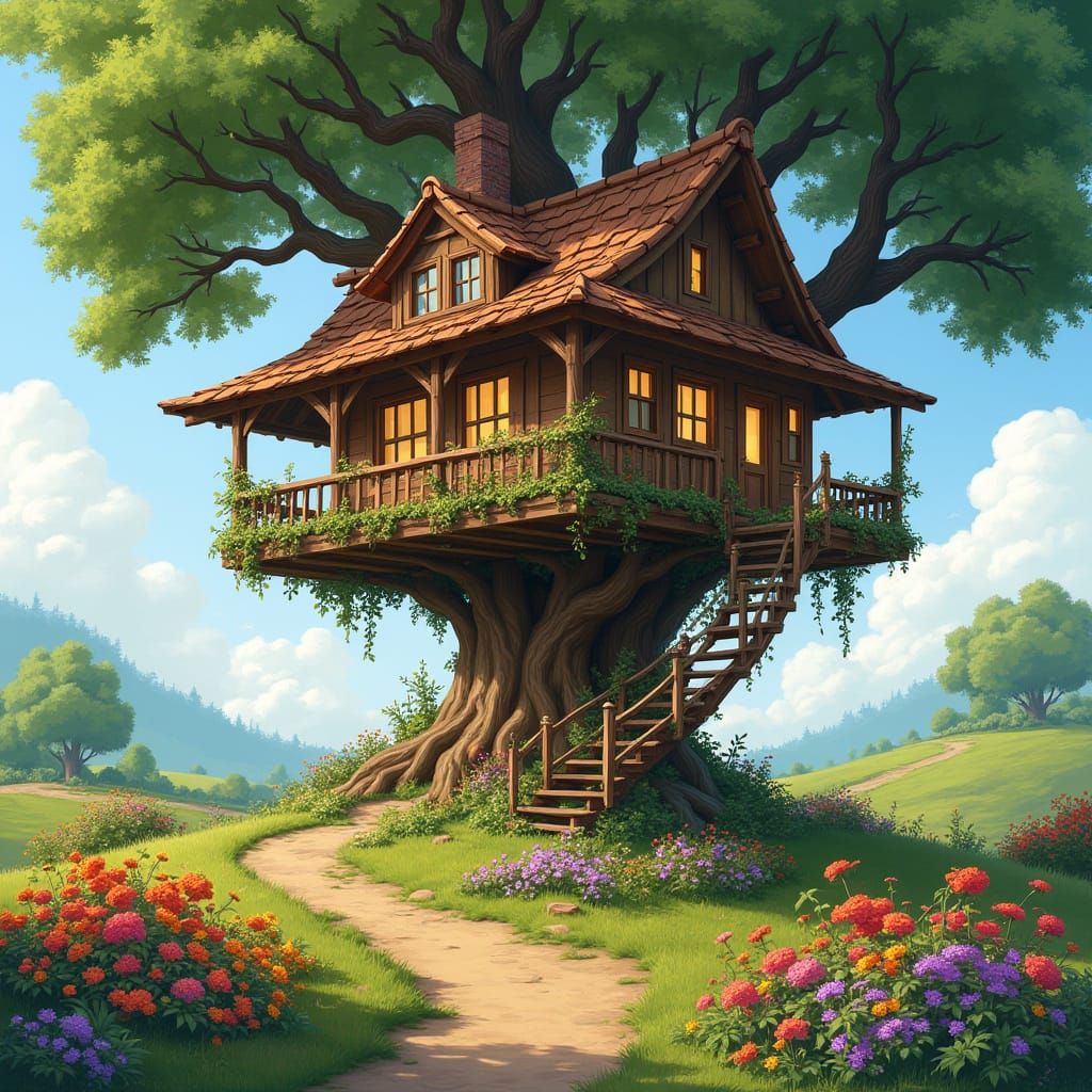 Cozy Treehouse with Wraparound Porch and Flowers