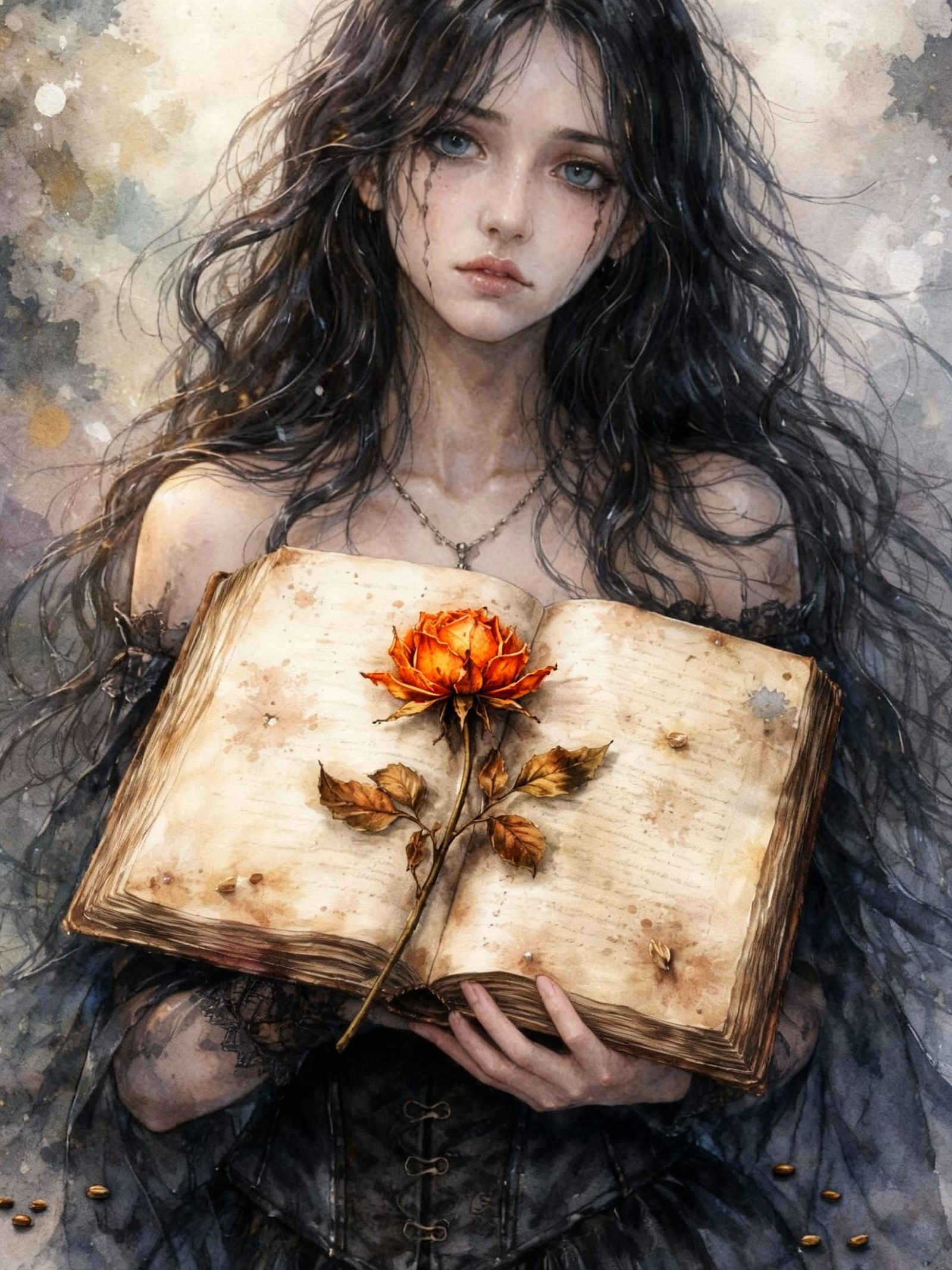 Withered Flower Between Book Pages in Watercolor