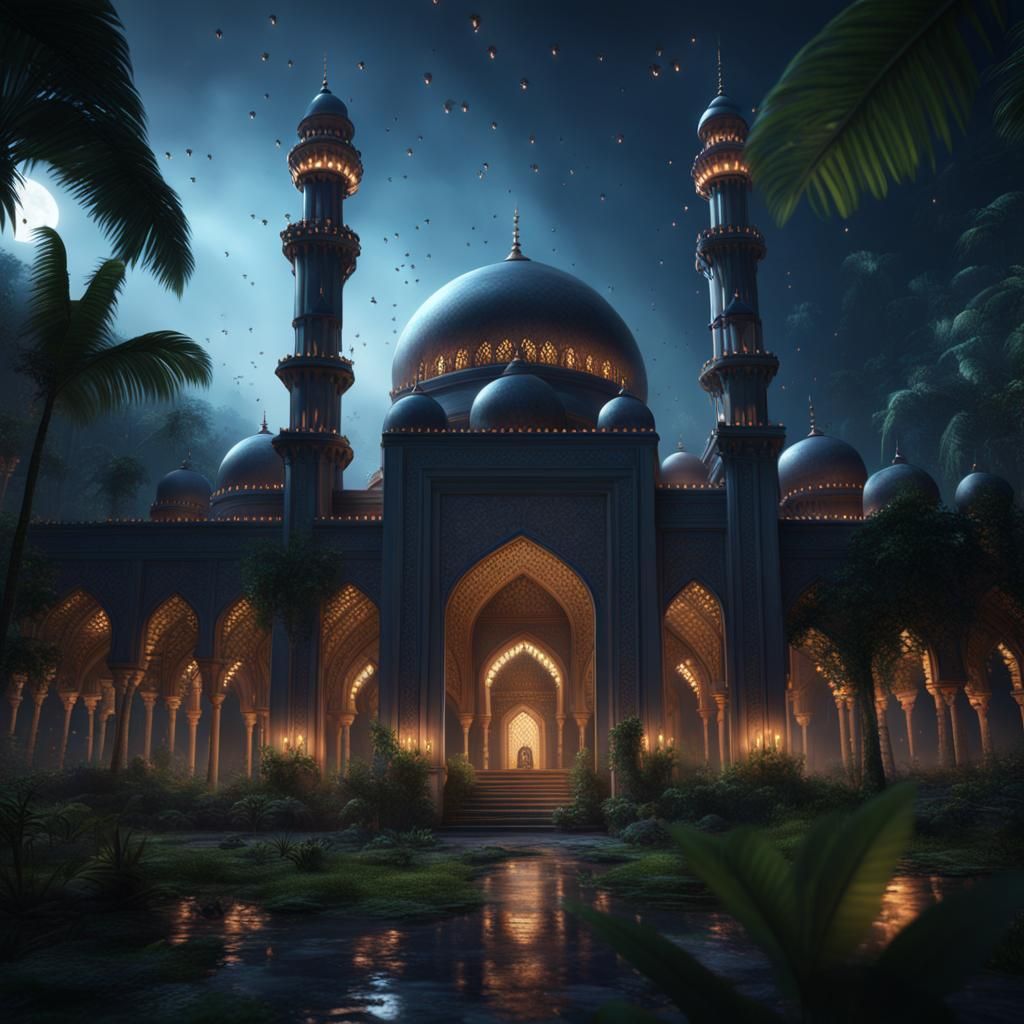 Jungle Mosque Aglow with Fireflies: Detailed Matte Painting