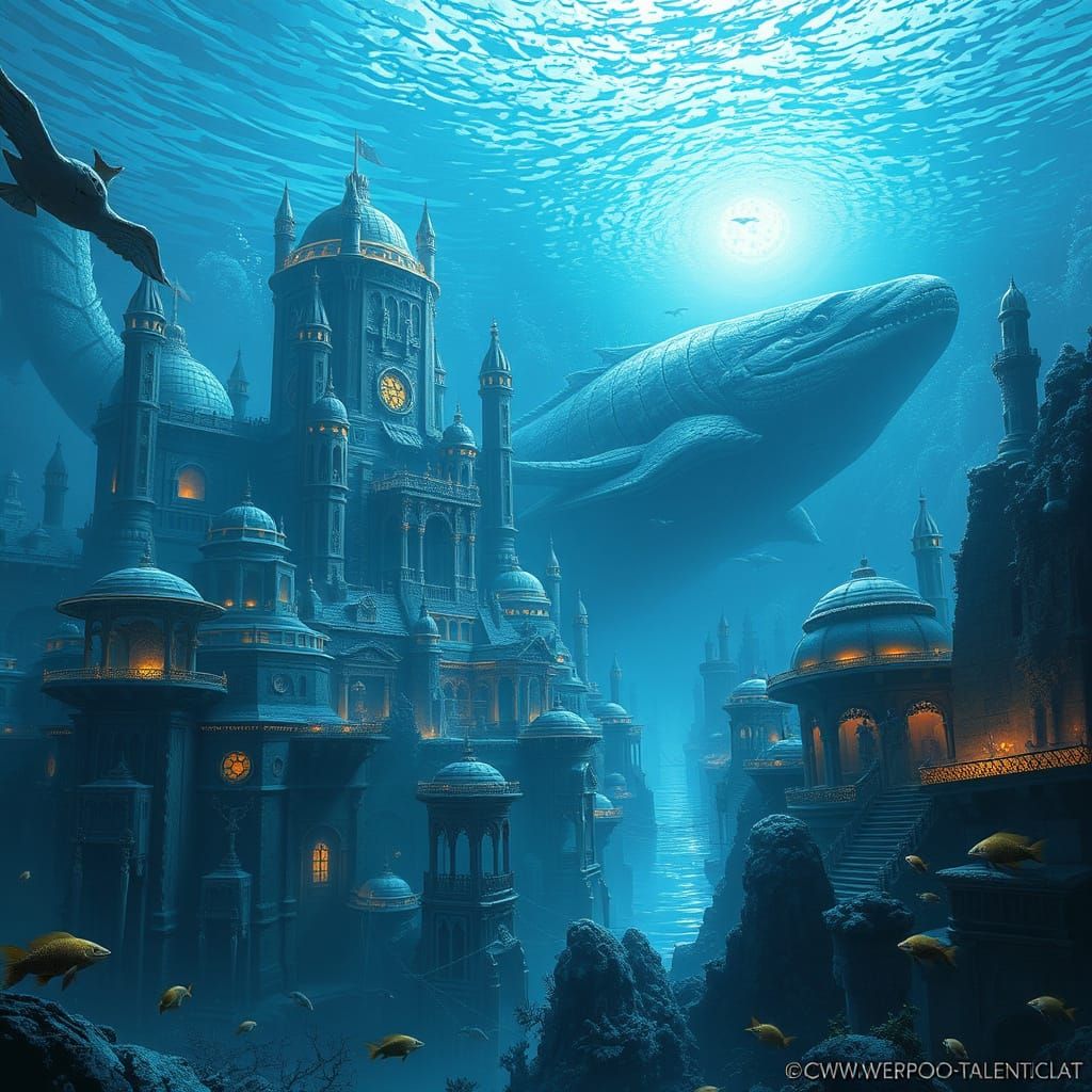 Majestic Underwater Metropolis Amidst Slumbering Leviathan a...