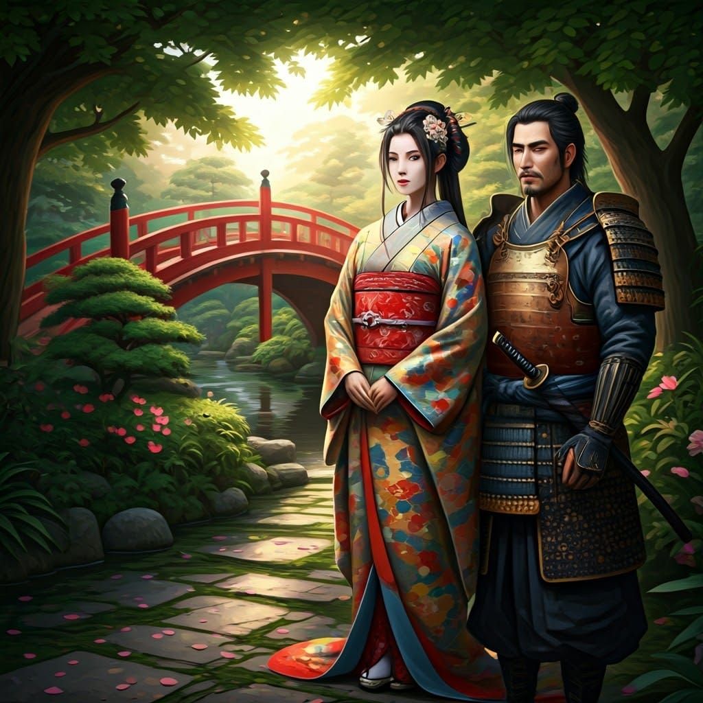 Geisha and Samurai in Ukiyo-e Japanese Garden