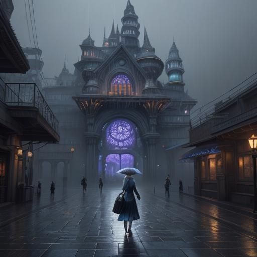 Blonde in White Dress Walking in Rainy Cityscape
