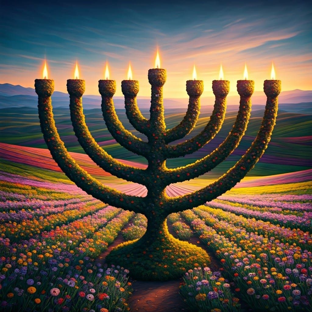Majestic Hanukkah Menorah Amidst Vibrant Floral Landscape