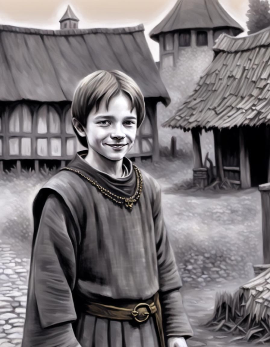 Mischievous Boy in Medieval Market: Renaissance Oil Painting