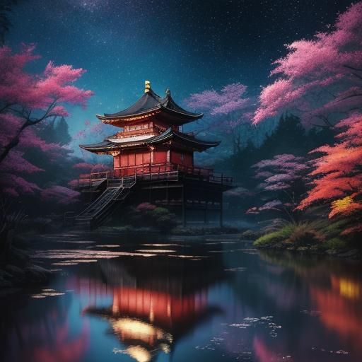 Hyperdetailed Japanese Temple Reflected at Night