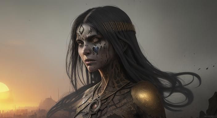 the complete destruction of the city of Akkad tearful Rabisu looking out at setting sun frank frezetta style fantasy wom...