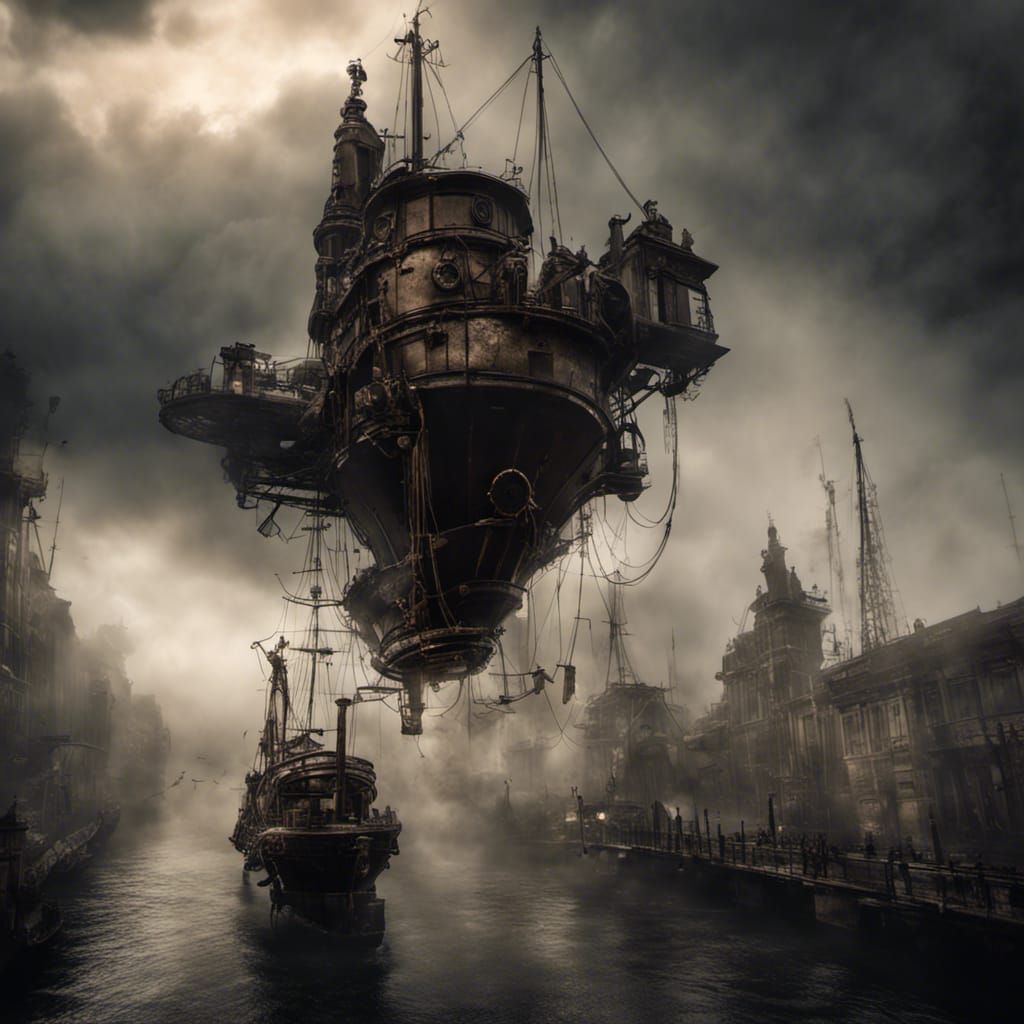 Steampunk City Floating in Clouds: Hyperdetailed Concept Art