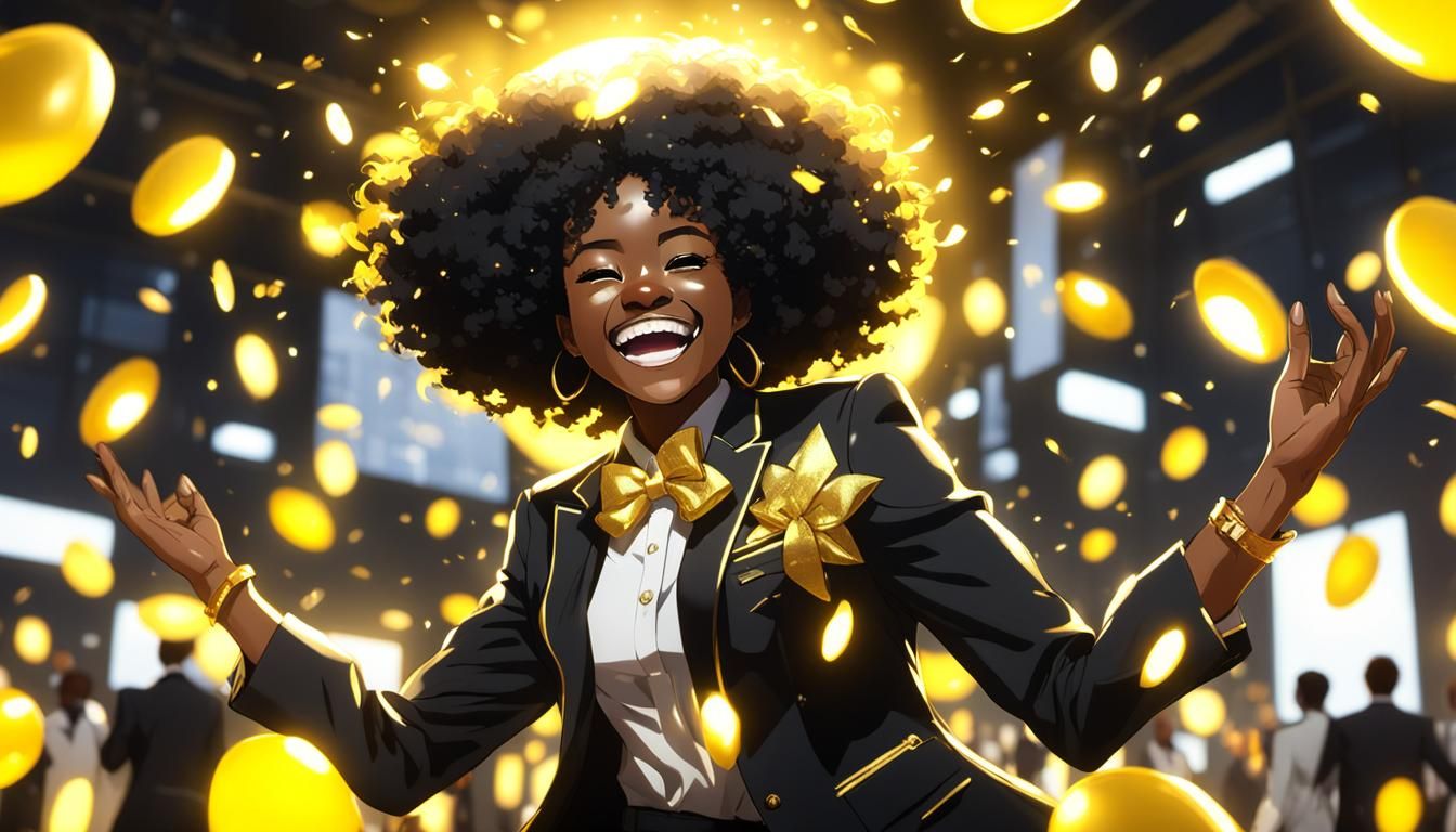Radiant Black Woman Celebrates in Golden Light: Anime Style