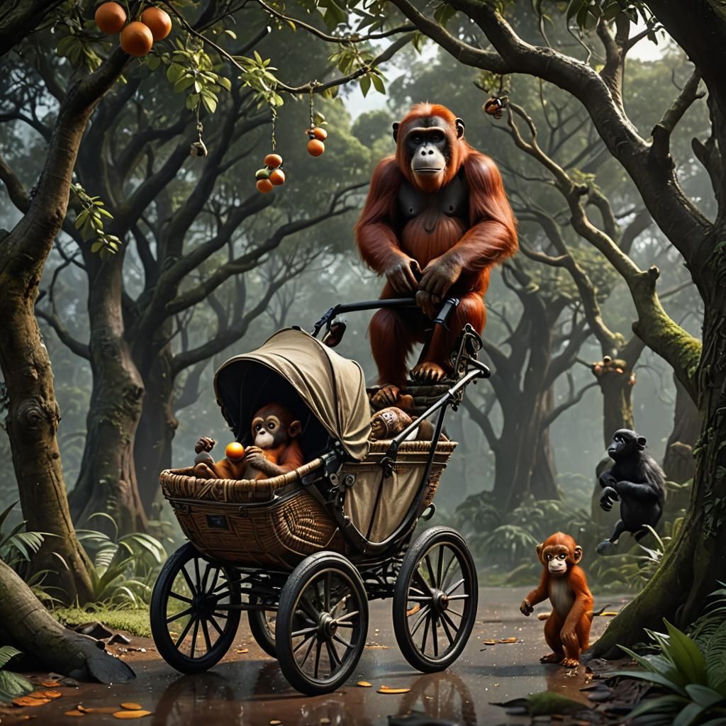 Orangutan Mother and Baby in Rain, Digital Art