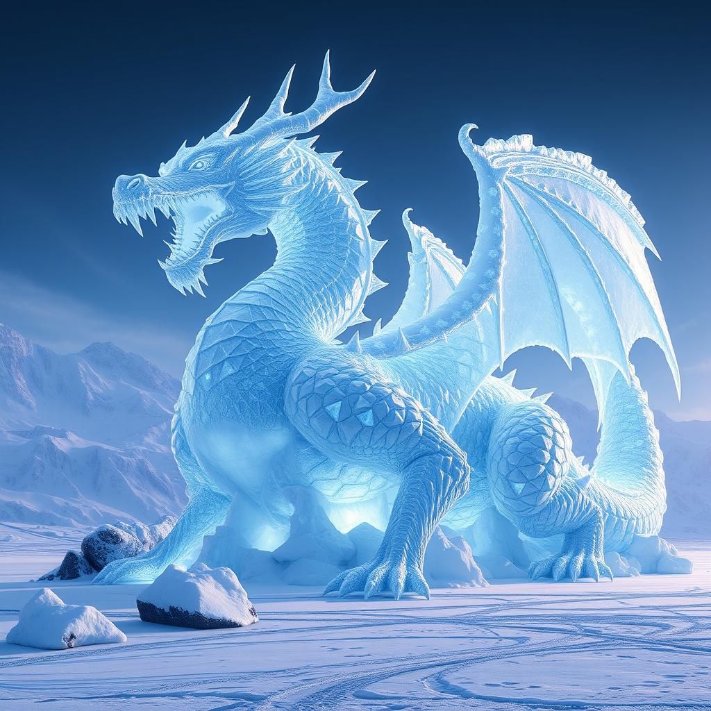 Luminescent Ice Dragon Sculpture in Snowy Landscape